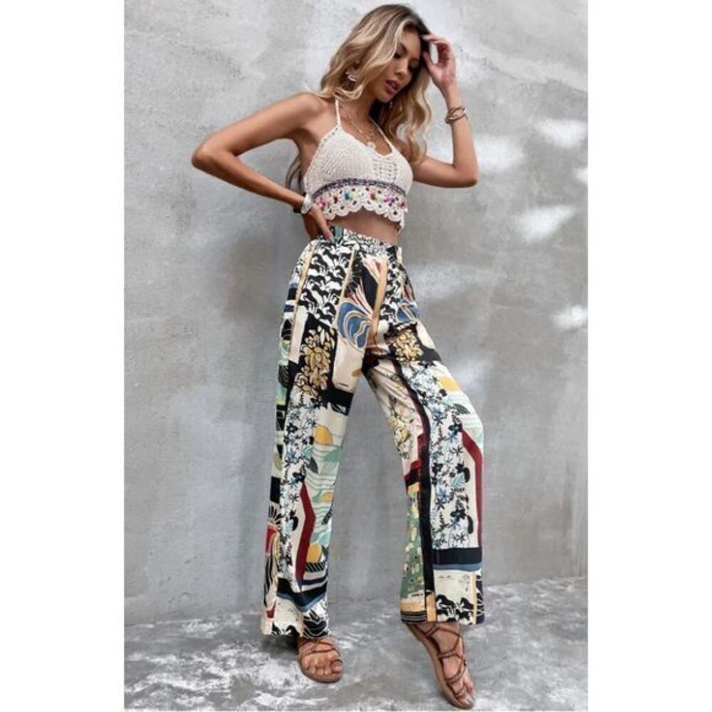 Micas Boho Chic Printed‎ Wide Leg Pants Summer Beach Casual Trousers Size Small
